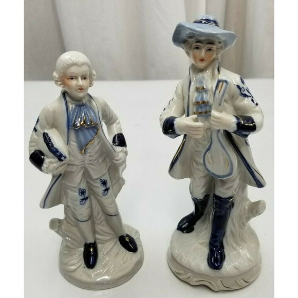 Vintage German Blue White Gold Victorian Ceramic Porcelain Figurine Set of two
